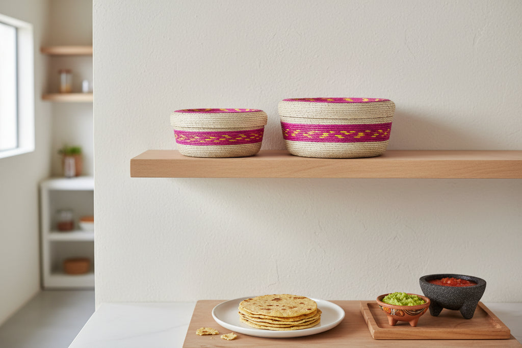 Straw tortilla warmer DUO natural with baby pink