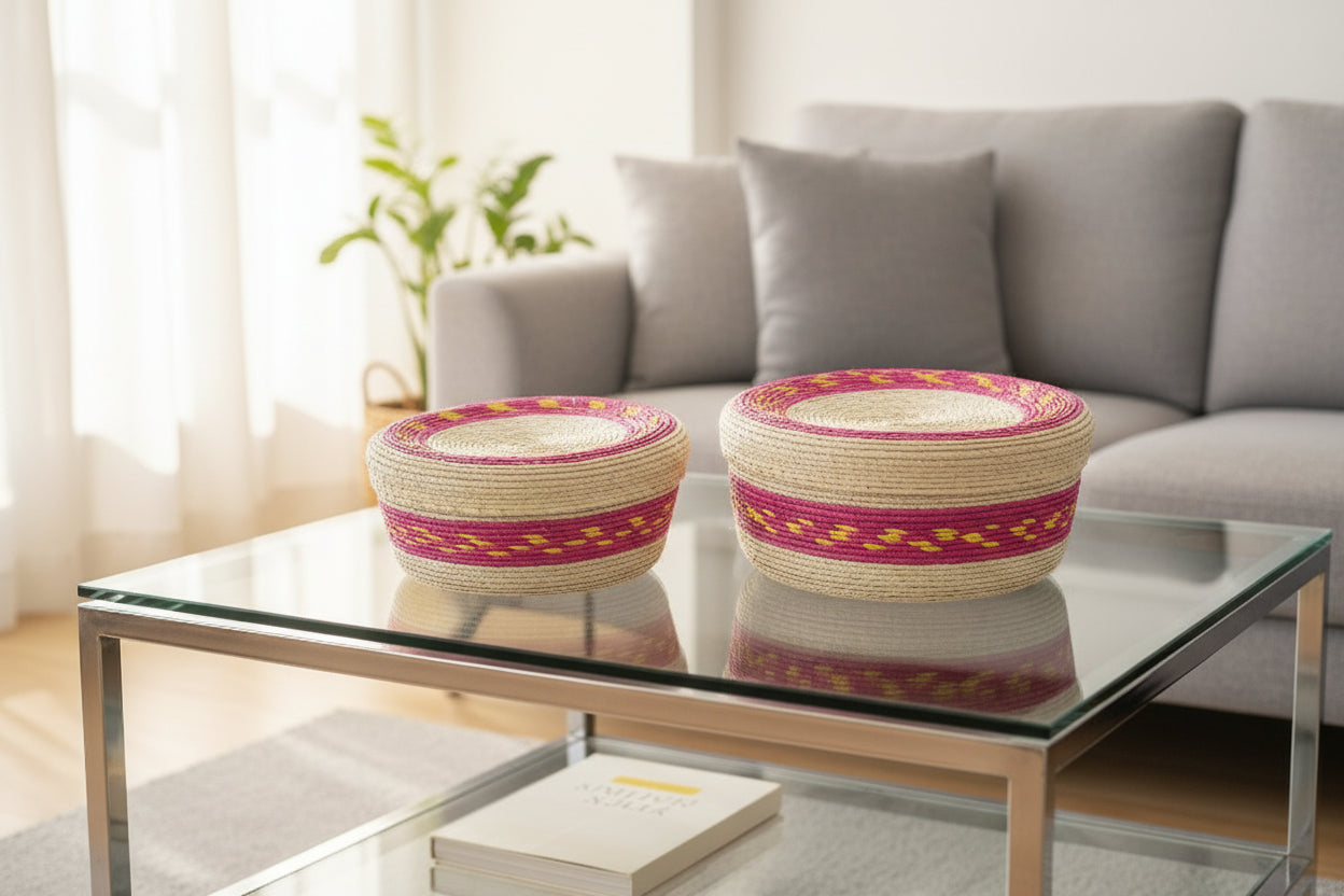 Straw tortilla warmer DUO natural with baby pink